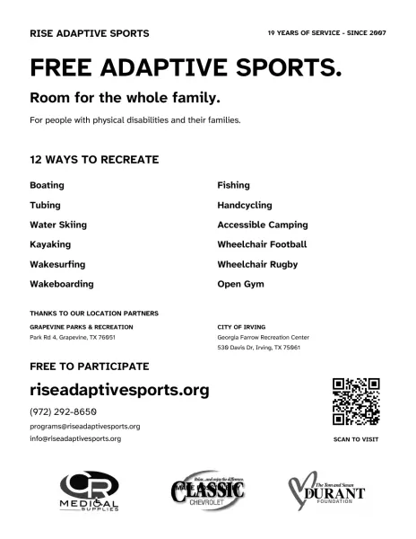 Black-and-white RISE Adaptive Sports quick-print flyer.