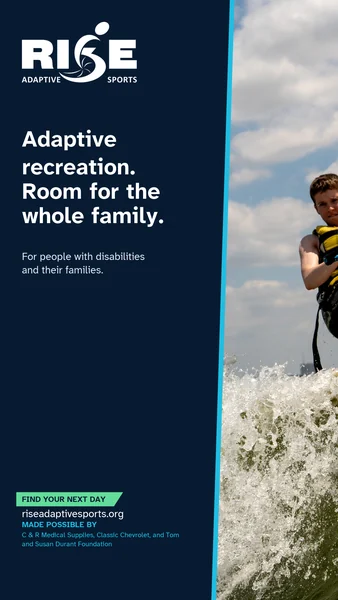 Vertical RISE Adaptive Sports story graphic with a young participant wakeboarding at Summer Bash.